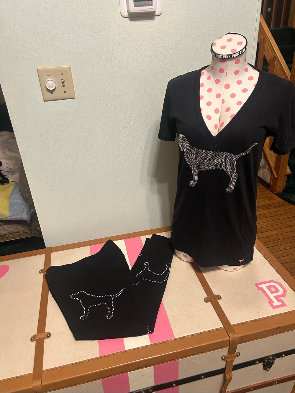 PINK Victoria's Secret Black Rhinestone Dog Tee & Leggings Set